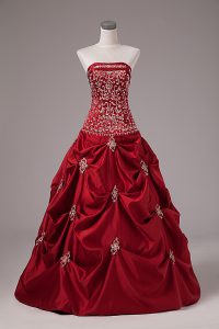 Dazzling Wine Red Lace Up Strapless Embroidery and Pick Ups Quinceanera Dress Taffeta Sleeveless