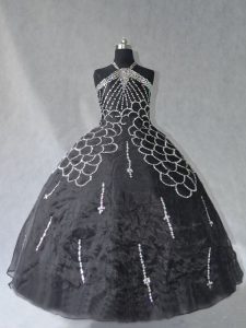 Floor Length Black Quinceanera Dresses Halter Top Sleeveless Lace Up