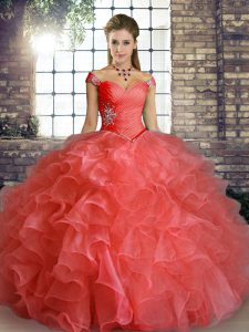 Top Selling Ball Gowns Quinceanera Dresses Watermelon Red Off The Shoulder Organza Sleeveless Floor Length Lace Up