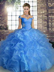 Charming Blue Off The Shoulder Neckline Beading and Ruffles Vestidos de Quinceanera Sleeveless Lace Up