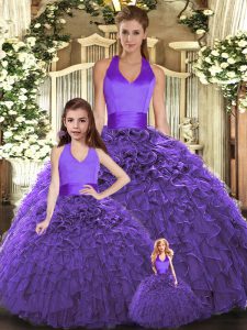 High Quality Purple Ball Gowns Tulle Halter Top Sleeveless Ruffles Floor Length Lace Up Quinceanera Dress