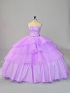 Fancy Lavender Quinceanera Gown Organza Sleeveless Beading and Ruffled Layers