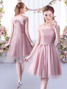 Enchanting Sleeveless Tulle Knee Length Lace Up Damas Dress in Pink with Belt
