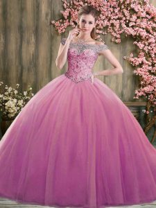Lilac Ball Gowns Off The Shoulder Sleeveless Tulle Floor Length Lace Up Beading Quinceanera Gown