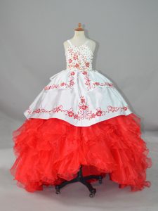 Best White And Red Ball Gowns Beading and Embroidery and Ruffles Pageant Dress for Teens Lace Up Satin and Organza Sleeveless