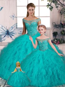 Spectacular Off The Shoulder Sleeveless Tulle Sweet 16 Dress Beading and Ruffles Brush Train Lace Up