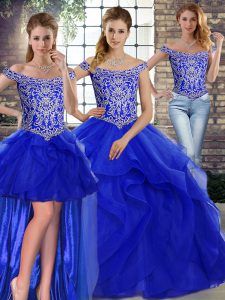 Custom Designed Off The Shoulder Sleeveless Brush Train Lace Up Quinceanera Gowns Royal Blue Tulle