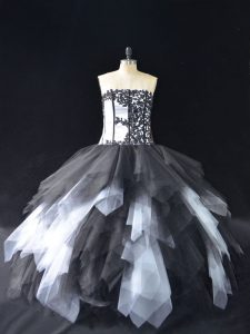 Clearance Floor Length White And Black 15th Birthday Dress Tulle Sleeveless Lace and Ruffles