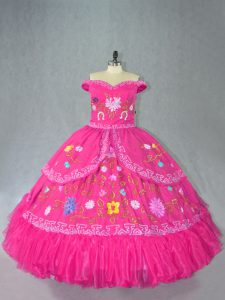 Extravagant Off The Shoulder Sleeveless Quinceanera Dress Floor Length Embroidery Hot Pink Organza