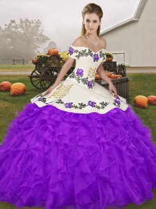 Purple Organza Lace Up Off The Shoulder Sleeveless Floor Length Quinceanera Dresses Embroidery and Ruffles