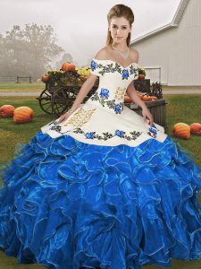 Best Blue And White Quinceanera Gowns Military Ball and Sweet 16 and Quinceanera with Embroidery and Ruffles Off The Shoulder Sleeveless Lace Up