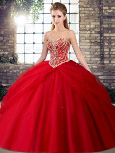 Red Tulle Lace Up Sweetheart Sleeveless Quinceanera Dresses Brush Train Beading and Pick Ups