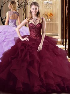 Decent Scoop Sleeveless 15 Quinceanera Dress Brush Train Beading and Ruffles Burgundy Tulle