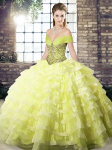 Simple Yellow Ball Gowns Beading and Ruffled Layers Quince Ball Gowns Lace Up Organza Sleeveless