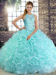 Super Fabric With Rolling Flowers Scoop Sleeveless Lace Up Beading 15th Birthday Dress in Aqua Blue
