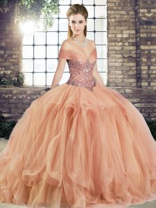 Edgy Peach Sleeveless Floor Length Beading and Ruffles Lace Up 15 Quinceanera Dress