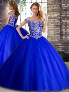 Free and Easy Royal Blue Sleeveless Tulle Brush Train Lace Up Quinceanera Dresses for Military Ball and Sweet 16 and Quinceanera