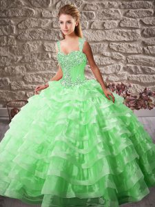 Green Quince Ball Gowns Sweet 16 and Quinceanera with Beading and Ruffled Layers Straps Sleeveless Court Train Lace Up
