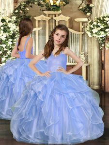 Simple Ruffles Little Girls Pageant Dress Wholesale Blue Lace Up Sleeveless Floor Length