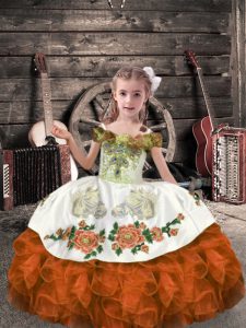 Perfect Orange Red Organza Lace Up Off The Shoulder Sleeveless Floor Length Girls Pageant Dresses Beading and Embroidery and Ruffles