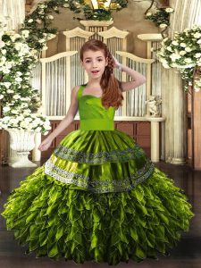 Olive Green Lace Up Kids Formal Wear Ruffles Sleeveless Floor Length