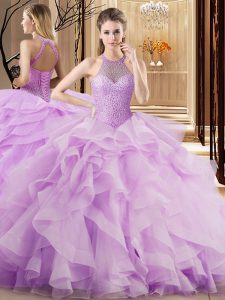 Excellent Lilac Quinceanera Gowns Organza Brush Train Sleeveless Beading and Ruffles