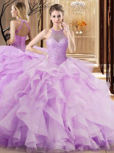 Excellent Lilac Quinceanera Gowns Organza Brush Train Sleeveless Beading and Ruffles