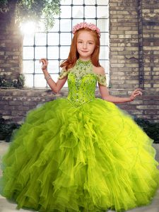 Adorable Yellow Green Tulle Lace Up Little Girls Pageant Dress Sleeveless Floor Length Beading and Ruffles