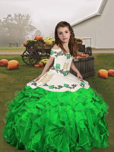Green Lace Up Child Pageant Dress Embroidery and Ruffles Sleeveless Floor Length