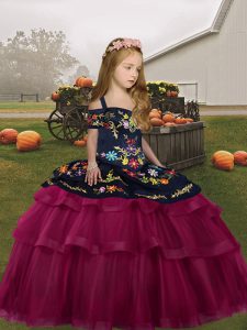 Fuchsia Ball Gowns Tulle Straps Sleeveless Embroidery and Ruffled Layers Floor Length Lace Up Child Pageant Dress