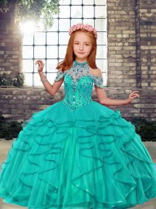 Enchanting Floor Length Turquoise Girls Pageant Dresses High-neck Sleeveless Lace Up