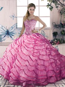 Wonderful Ball Gowns Quinceanera Gowns Pink Sweetheart Organza and Tulle Sleeveless Floor Length Lace Up