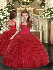 Trendy Red Ball Gowns Tulle Straps Sleeveless Ruffles Floor Length Lace Up Little Girls Pageant Dress
