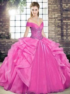 Rose Pink Sleeveless Beading and Ruffles Floor Length Quinceanera Dresses
