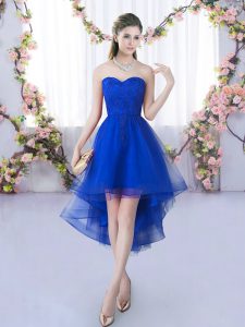 Clearance Royal Blue A-line Sweetheart Sleeveless Tulle High Low Lace Up Lace Quinceanera Dama Dress