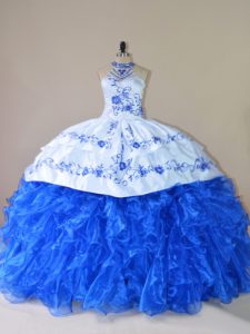 Sexy Royal Blue Vestidos de Quinceanera Organza Court Train Sleeveless Embroidery and Ruffles