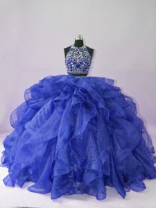 Great Royal Blue Scoop Neckline Beading and Ruffles 15th Birthday Dress Sleeveless Backless