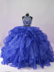 Great Royal Blue Scoop Neckline Beading and Ruffles 15th Birthday Dress Sleeveless Backless