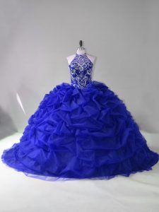 Top Selling Royal Blue 15th Birthday Dress Halter Top Long Sleeves Court Train Lace Up
