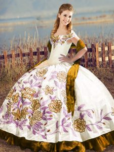 Great Brown Ball Gowns Satin Off The Shoulder Sleeveless Embroidery and Ruffles Floor Length Lace Up Sweet 16 Quinceanera Dress