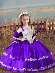 Ball Gowns Glitz Pageant Dress Purple Straps Satin Sleeveless Floor Length Lace Up