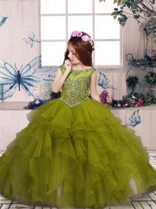 Wonderful Olive Green Scoop Lace Up Beading and Ruffles Pageant Gowns For Girls Sleeveless