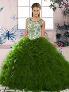 Excellent Green Ball Gowns Scoop Sleeveless Organza Floor Length Lace Up Beading and Ruffles Quinceanera Dresses