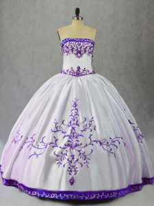 Noble Sleeveless Floor Length Embroidery Lace Up Quinceanera Gown with White And Purple