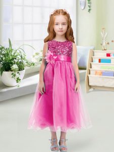 Rose Pink Zipper Scoop Sequins and Hand Made Flower Little Girls Pageant Gowns Organza Sleeveless