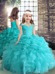 Ball Gowns Little Girl Pageant Dress Aqua Blue Straps Organza Sleeveless Floor Length Side Zipper