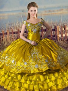 Satin Sleeveless Floor Length Quinceanera Gown and Embroidery and Ruffled Layers