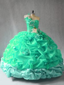 Suitable Turquoise Lace Up Ball Gown Prom Dress Pick Ups and Hand Made Flower Sleeveless Floor Length