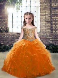 Beading Little Girls Pageant Dress Orange Lace Up Sleeveless Floor Length