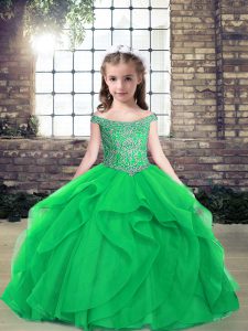 Green Off The Shoulder Neckline Beading Pageant Dress Womens Sleeveless Lace Up